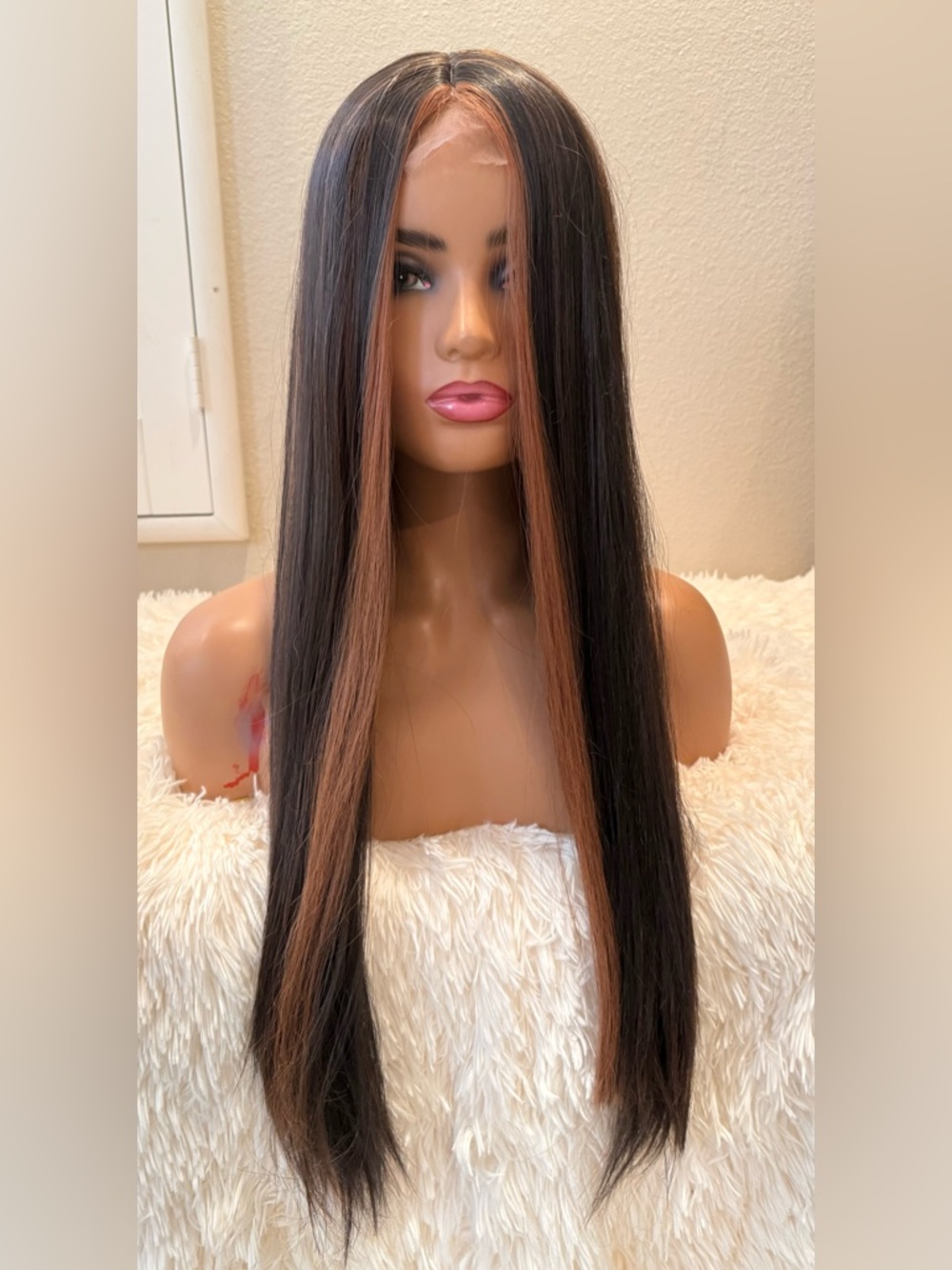 Long Straight Women’s Wig with Copper Highlights - Black/Copper